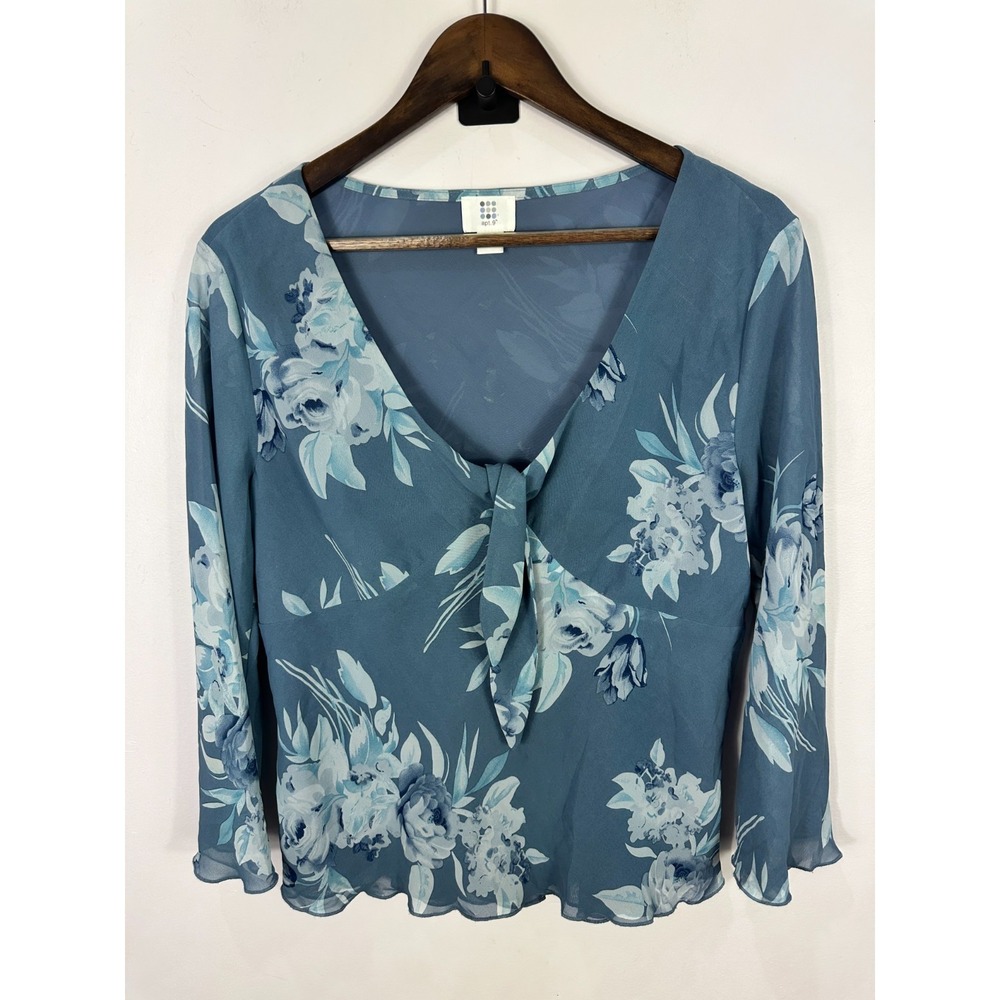 Vtg Y2K Apt 9 Babydoll Top Women Large Blue Floral Sheer Mesh Overlay Fairy Boho